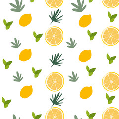 Tropical summer seamless pattern,  lemon and palm branches, vector illustration