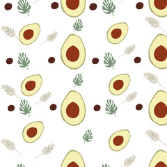 Tropical summer seamless pattern,  avocado and palm branches, vector illustration