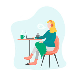 Vector illustration flat concept woman recording blogger podcaster. Flat designer.