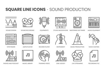 Music production, square line icon set
