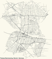Black simple detailed street roads map on vintage beige background of the quarter Pasing-Obermenzing borough (Stadtbezirk) of Munich, Germany