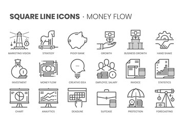 Money flow, square line icon set