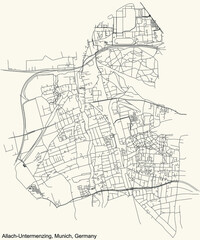 Black simple detailed street roads map on vintage beige background of the quarter Allach-Untermenzing borough (Stadtbezirk) of Munich, Germany