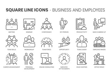 Business and employees, square line icon set