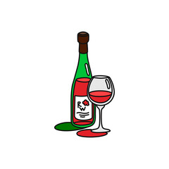 Red wine bottle and glass outline icon on white background. Colored cartoon sketch graphic design. Doodle style. Hand drawn image. Party drinks concept. Freehand drawing style