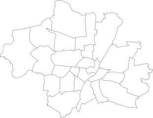 Simple white vector map with black borders of boroughs (Stadtbezirke) of Munich, Germany