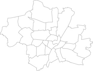 Simple white vector map with black borders of boroughs (Stadtbezirke) of Munich, Germany