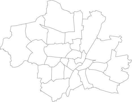 Simple white vector map with black borders of boroughs (Stadtbezirke) of Munich, Germany