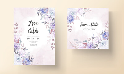 Beautiful wedding invitation card with purple flowers