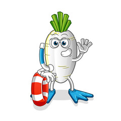 white radish swimmer with buoy mascot. cartoon vector