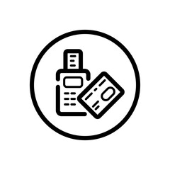 Pay with credit card reader machine. Swiping terminal payment. Contactless. Commerce outline icon in a circle. Vector illustration