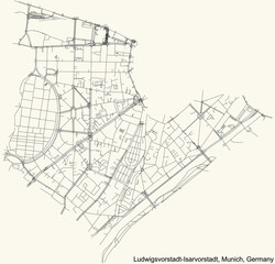 Naklejka premium Black simple detailed street roads map on vintage beige background of the quarter Ludwigsvorstadt-Isarvorstadt borough (Stadtbezirk) of Munich, Germany