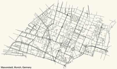 Black simple detailed street roads map on vintage beige background of the quarter Maxvorstadt borough (Stadtbezirk) of Munich, Germany