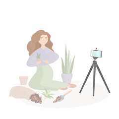 Blogger shoots a video about pot flowers care on smartphone with tripods. Girl transplants flowers and streaming. Vlog about succulents. Webinar recording. Vector flat illustration.