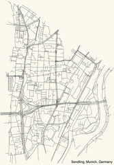 Fototapeta na wymiar Black simple detailed street roads map on vintage beige background of the quarter Sendling borough (Stadtbezirk) of Munich, Germany