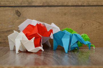 Elephant paper family in origami folded