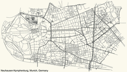 Black simple detailed street roads map on vintage beige background of the quarter Neuhausen-Nymphenburg borough (Stadtbezirk) of Munich, Germany