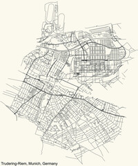 Black simple detailed street roads map on vintage beige background of the quarter Trudering-Riem borough (Stadtbezirk) of Munich, Germany