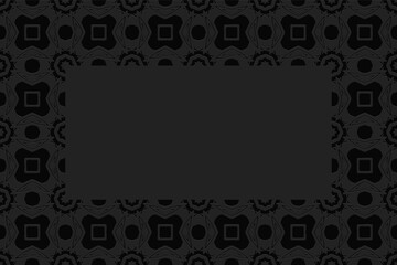 Geometric convex volumetric 3D pattern with a relief ornament from ethnic elements in African style on a black background with a frame for text.