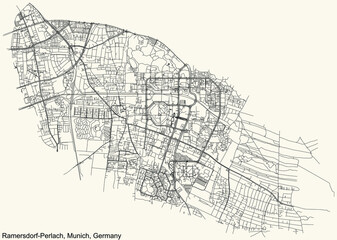 Black simple detailed street roads map on vintage beige background of the quarter Ramersdorf-Perlach borough (Stadtbezirk) of Munich, Germany