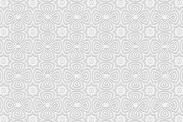 Geometric convex volumetric 3D pattern with a relief ornament from ethnic elements and original flowers in doodling style on a white background.