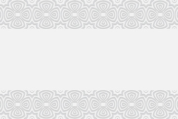 Geometric convex volumetric 3D pattern with a relief ornament from ethnic elements and original flowers in the style of doodling on a white background with horizontal inserts.