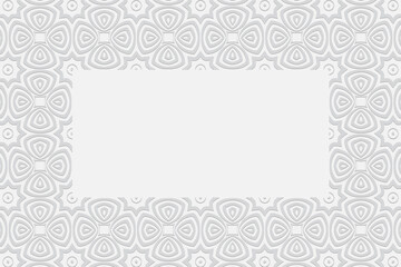 Geometric convex volumetric 3D pattern with a relief ornament of ethnic elements and original flowers in the style of doodling on a white background with a frame for text.