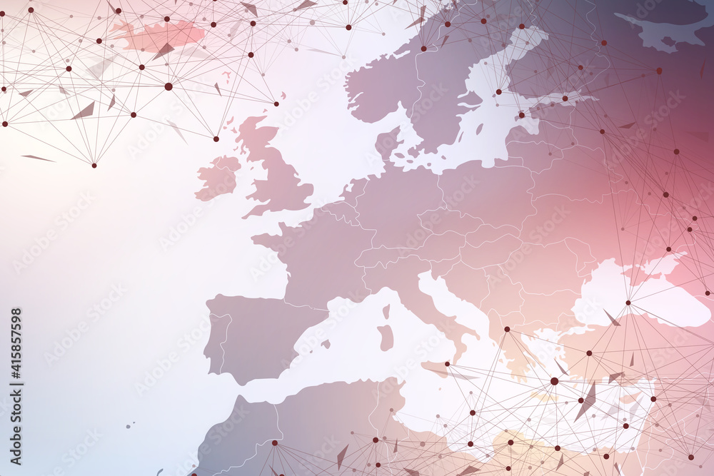 Poster World map point with global technology networking concept. Digital data visualization. Lines plexus. Big Data background communication. Scientific illustration.