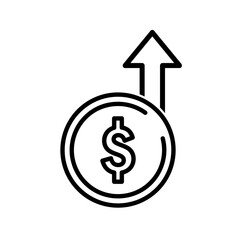Coin with dollar sign and up arrow flat icon. Pictogram for web. Line stroke. Isolated on white background. Vector eps10