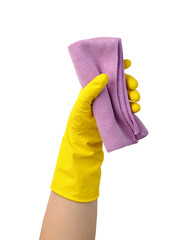 Hand in yellow glove with rag isolated on white background cleaning concept