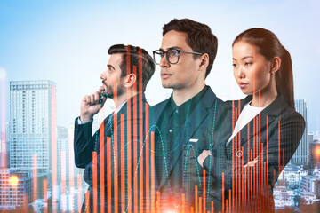 Group of business colleagues in suits as a part of multinational corporate team working on forecasting trading corporate strategy at fund. Forex chart. Bangkok on background. Double exposure