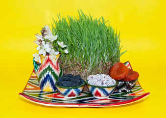 Happy background of the Navruz holiday. Celebration of Nowruz sweets and various dried fruits with green grass