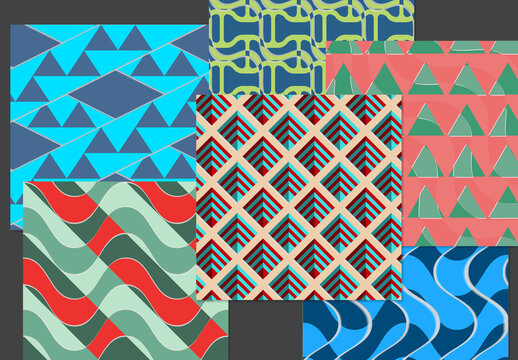 Seamless Pattern Set with Retro Colored Geometric Shapes and 3D Shadow Effect
