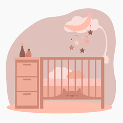 Newborn bed or crib with mobile toys and wardrobe.