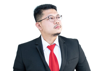 Handsome young business man wear glasses red tie in a suit and west.