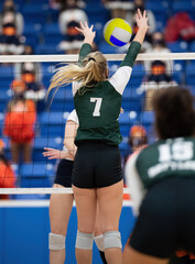 Young athletic girl competing in a volleyball game