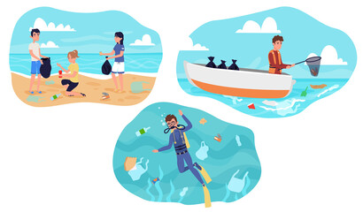 Collection of sea coast with plastic trash and rubbish.