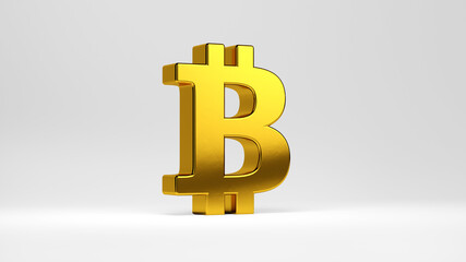 Obraz premium Golden Bitcoin symbol isolated on a white background. 3D rendering. Cryptocurrency coin logo, 2p2 exchange, blockchain technology