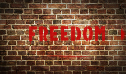 Freedom spray painted inscription on the brick wall