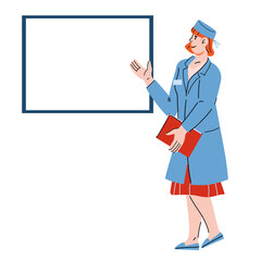 Doctor or pharmacist female character in uniform coat pointing at blank banner with copy space, cartoon vector illustration isolated on white background. Friendly smiling doctor woman. 