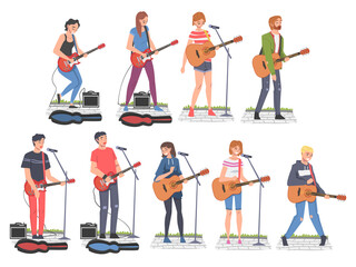 Fototapeta na wymiar People Street Musicians Characters Playing Guitars Set, Live Performance Cartoon Style Vector Illustration