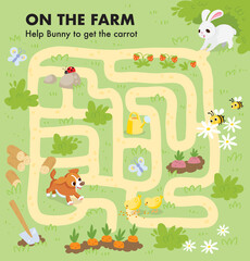 Vector colorful maze for children with cartoon animal characters, country background, farm plants, vegetables, pets. Kids maze with way passing through vegetables berries and flowers beds. Puzzle game