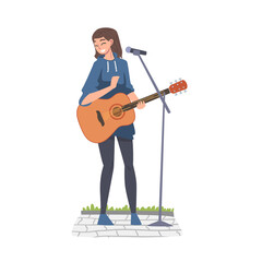 Naklejka premium Street Female Musician Playing Acoustic Guitar, Live Performance Concept Cartoon Style Vector Illustration