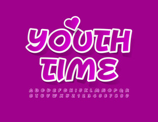 Vector trendy sign Youth Time with Decorative Heart. Bright Purple Font. Sticker style Alphabet Letters and Numbers set