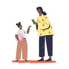 Mother giving her kid pocket money for saving in piggy bank teaching of saving money