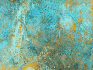 Abstract colored background. Color stains, stains, rust, paint drops, scuffs, scratches. Blue, green, orange, grey wallpaper.