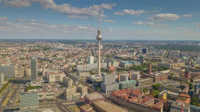 berlin city center sunny day tv tower traffic streets aerial panorama 4k timelapse germany
