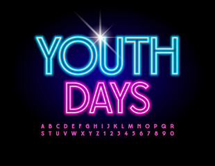 Vector bright flyer Youth Days. Pink Illuminated Font. Neon electric Alphabet Letters and Numbers set