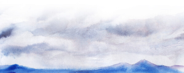 Abstract watercolor background. Overcast gray sky with cumulus clouds floating above blurry blue silhouettes of endless mountain range. Hand drawn landscape of cloudy day