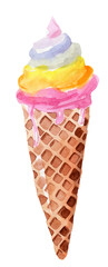 Watercolor illustration of multicolored ice cream in waffle cone